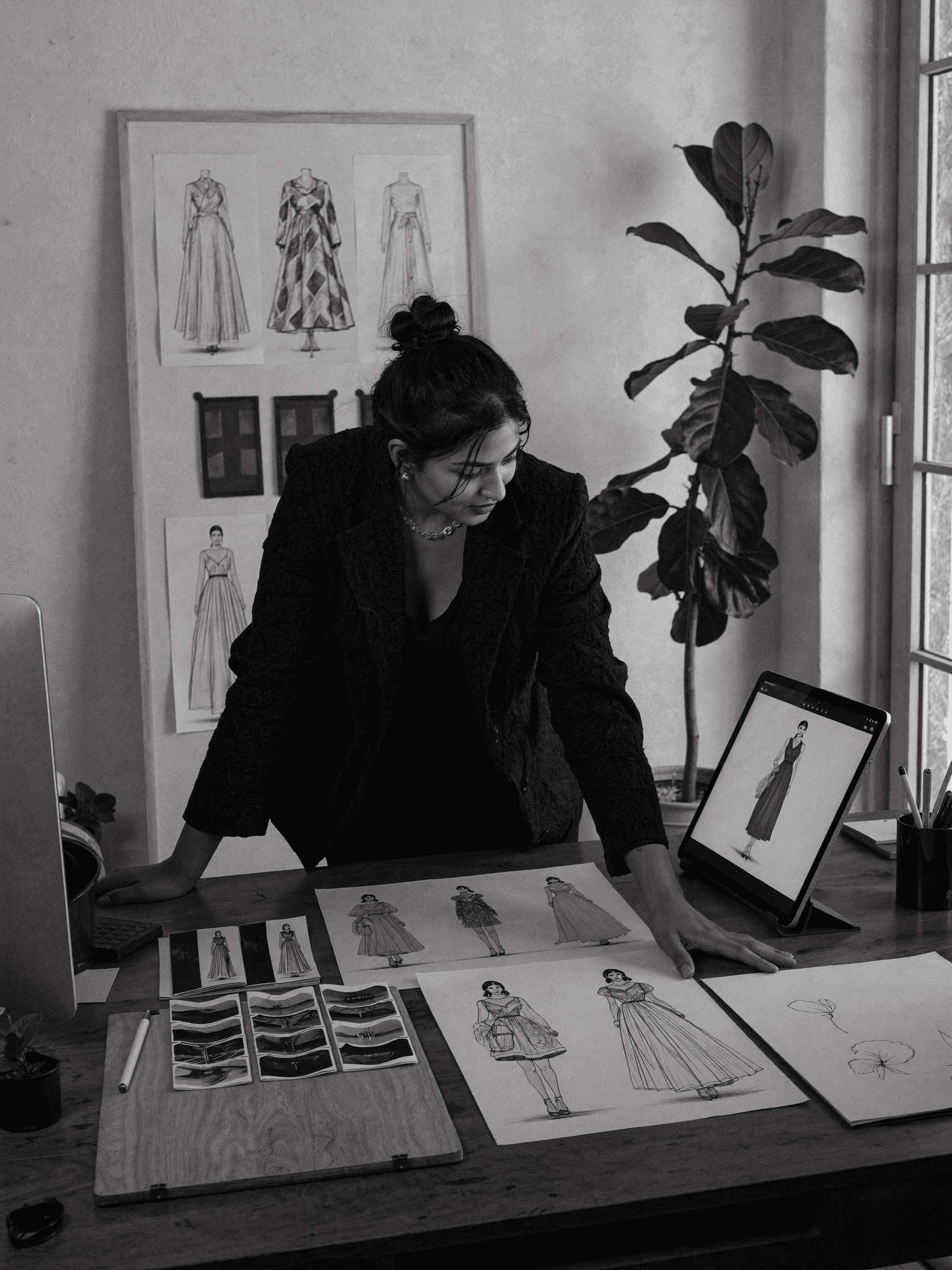 Grace sketching a bridal gown at her design desk